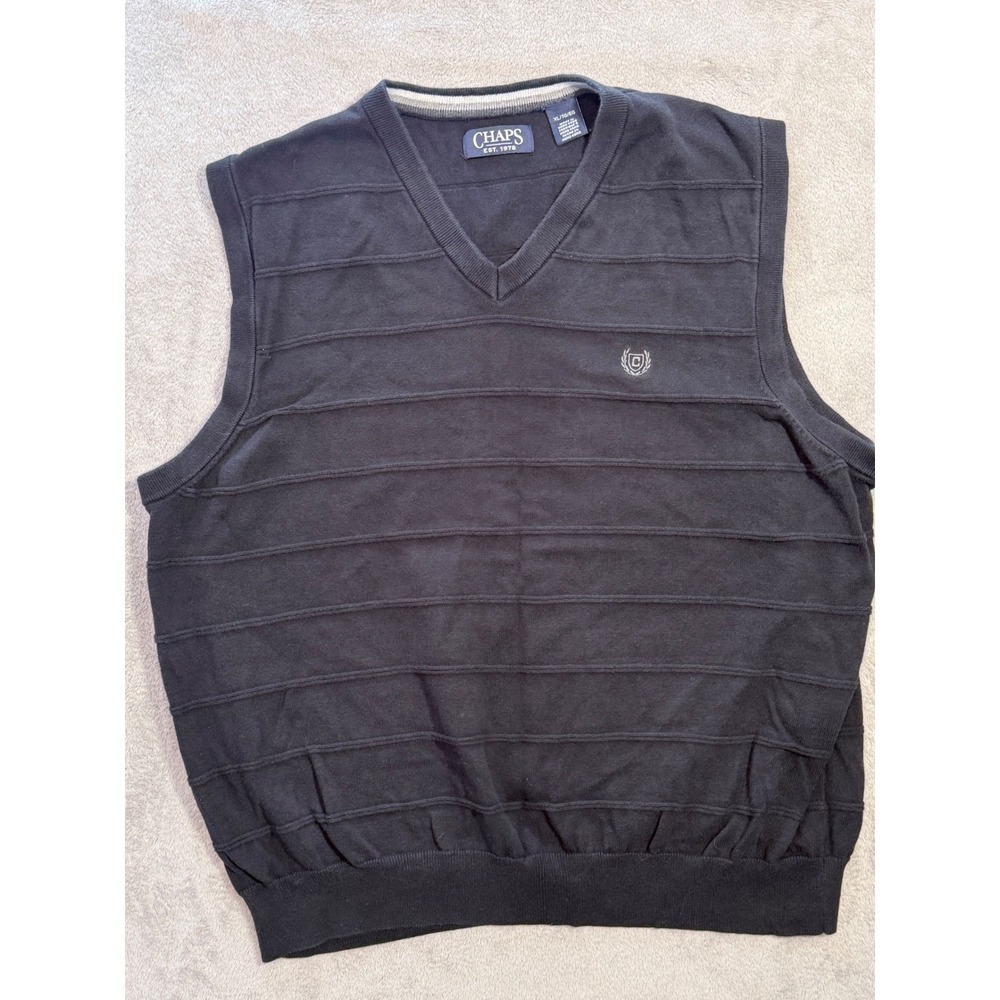 Chaps Mens XL Navy Blue V-Neck Sweater Vest Textured Stripe Knit Sleeveless Logo